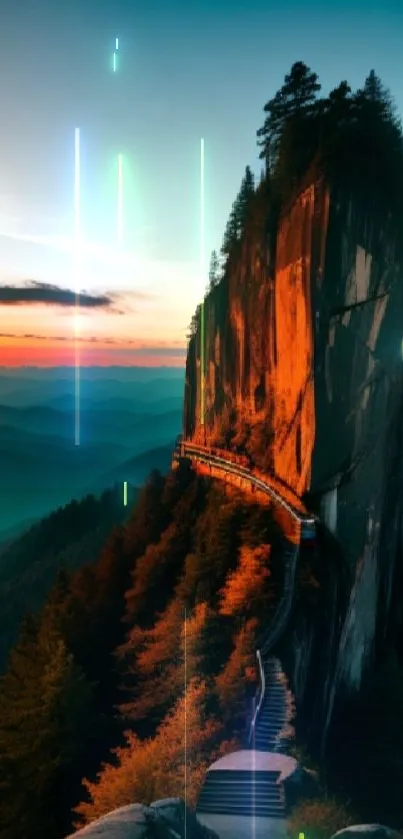 Sunset over a winding mountain path with vibrant orange hues.