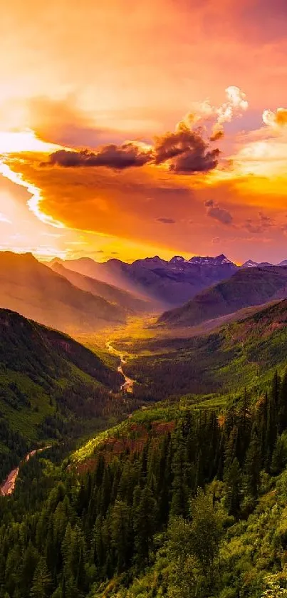 Vibrant sunset over lush mountain landscape with orange skies.