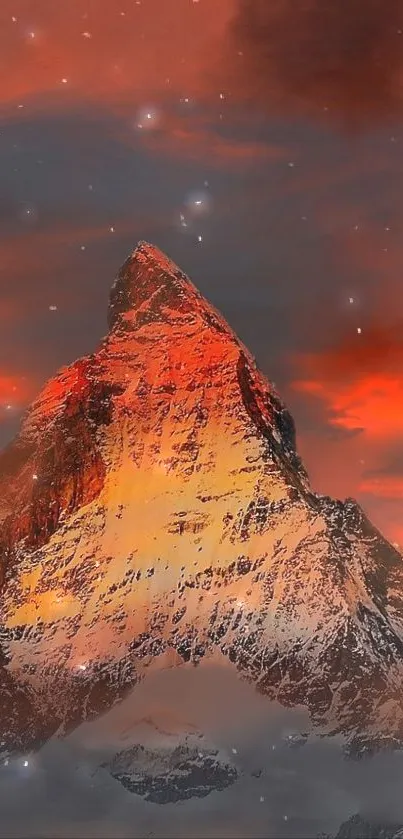 Sunset-lit mountain peak with starry sky in vibrant orange hues.