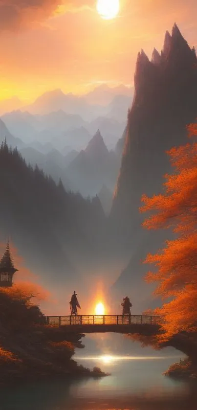 Fantasy landscape with sunset over mountains and river.