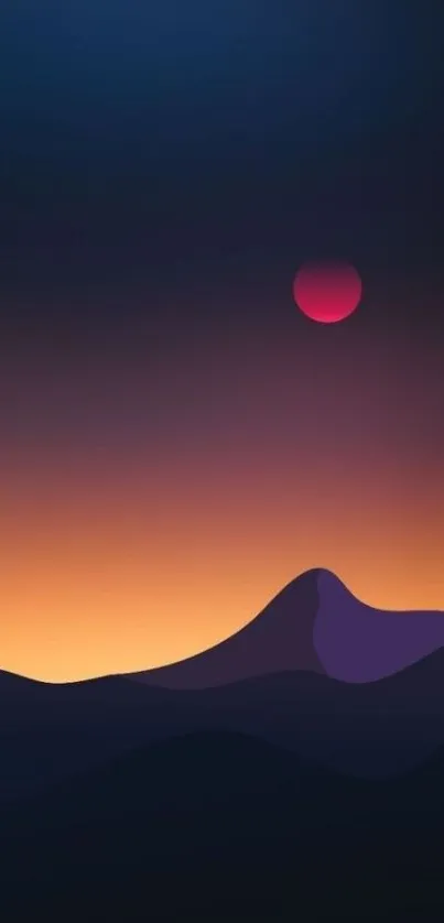 Wallpaper of a sunset over silhouetted mountains with a gradient sky.