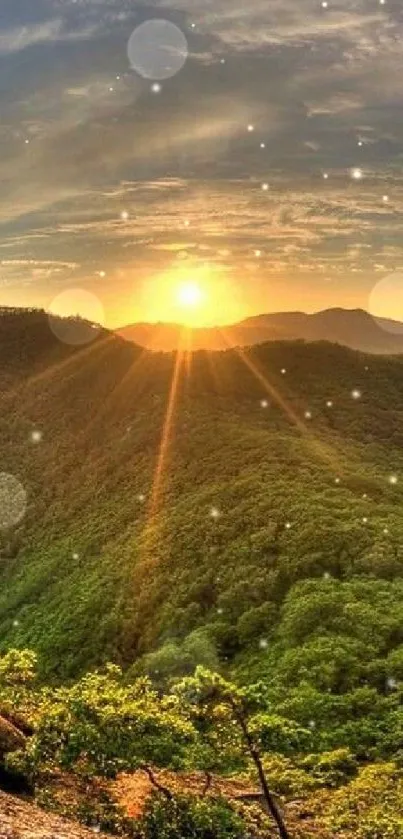 Mountainous sunset with lush green hills and vibrant sky.