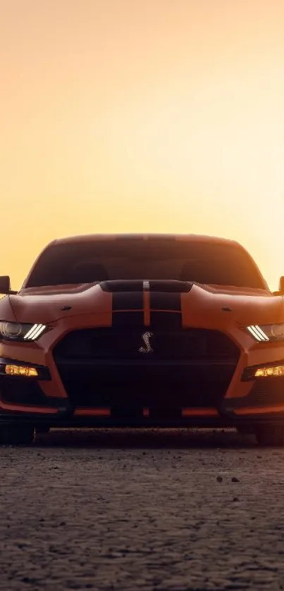 Dramatic Mustang car silhouette against a vibrant orange sunset.