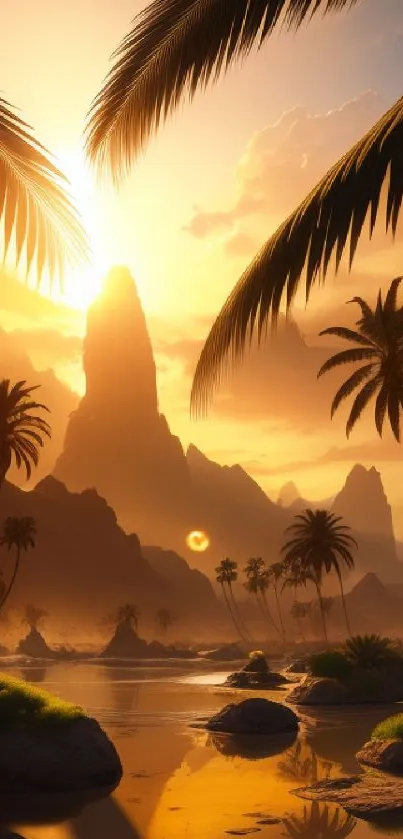 Golden sunset over tropical oasis with palm trees and mountains.