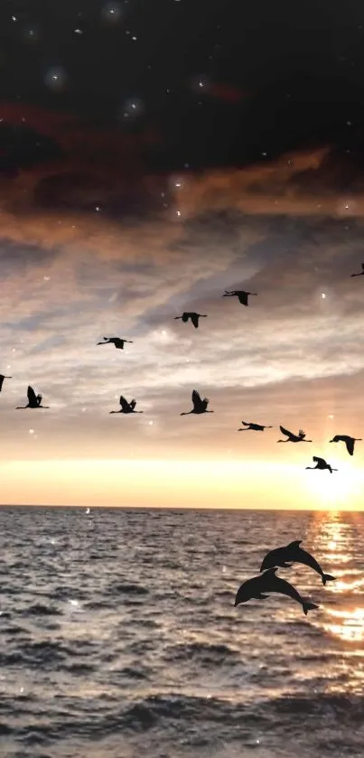 Serene sunset with flying birds over the ocean, creating a tranquil mobile wallpaper.