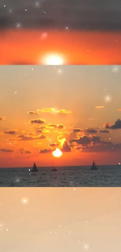 Sunset over ocean with boats and a glowing orange sky.