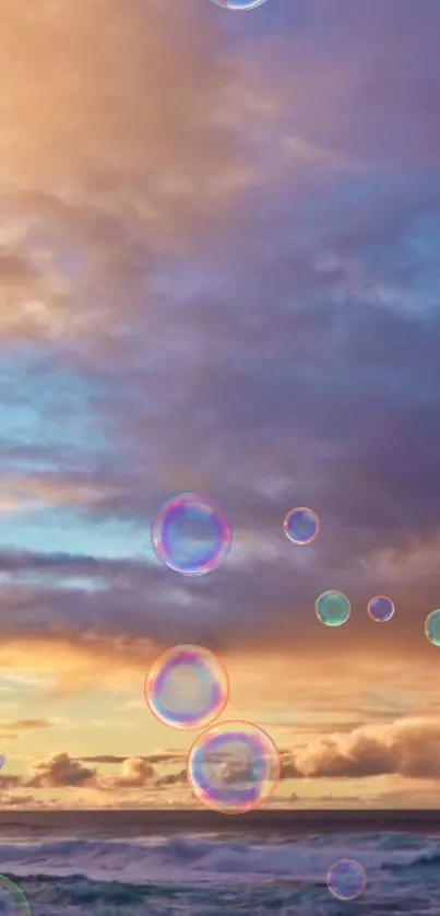 A stunning sunset over the ocean with colorful bubbles floating in the sky.