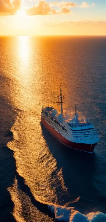 Cruise ship sailing into a stunning sunset with vibrant orange hues over the ocean.