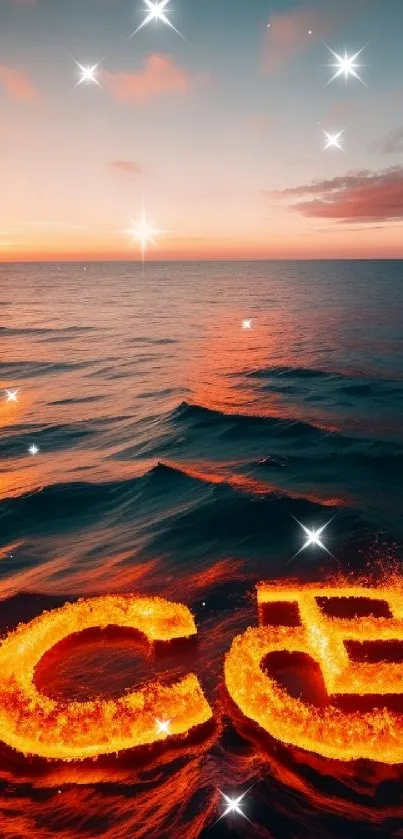 Fiery artistic design on ocean with sunset background.