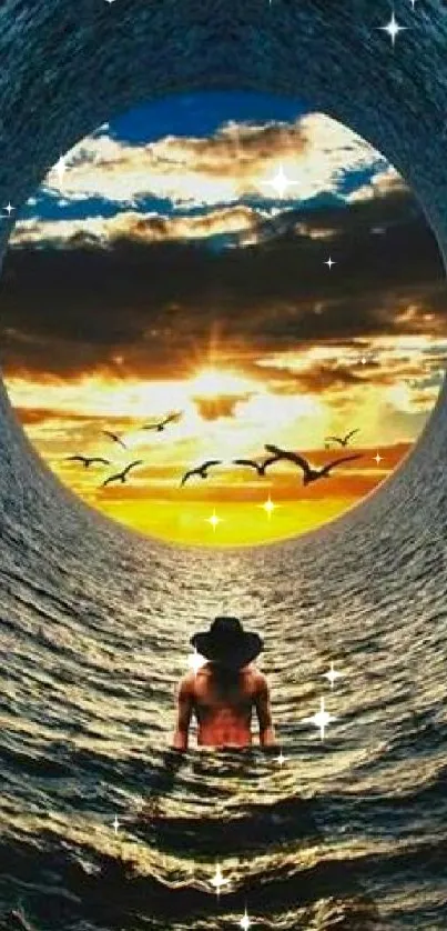 Surreal ocean wallpaper with sunset and birds in a tunnel illusion.