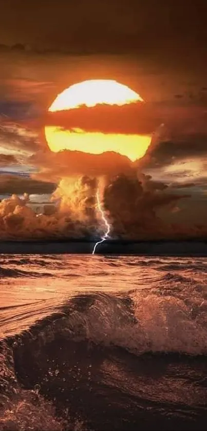 Dramatic sunset with lightning over ocean waves.