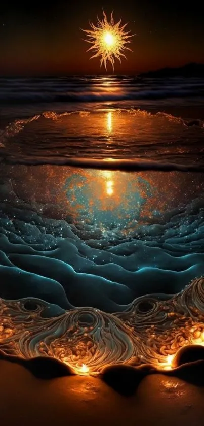 Artistic sunset over ocean with glowing reflections.