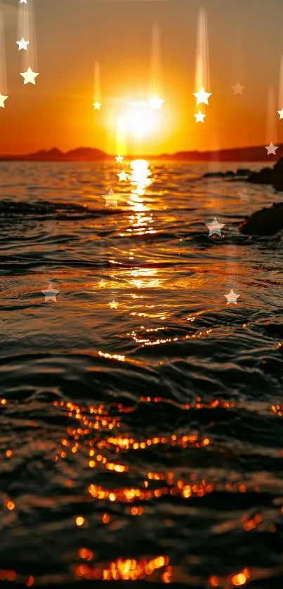 Ocean sunset with starry reflections and glowing orange sky.