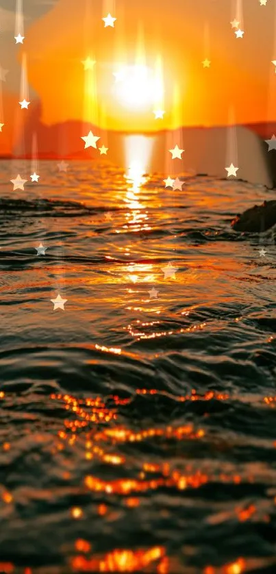 Sunset over the ocean with star reflections.