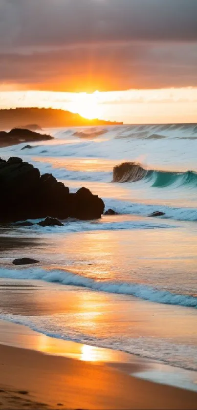 Sunset over ocean with waves and beach scenery.