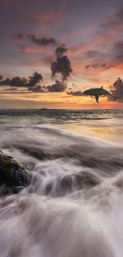 Shark jumping in ocean at sunset with dramatic waves.