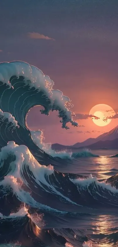 Artistic ocean wave at sunset with mountain view.