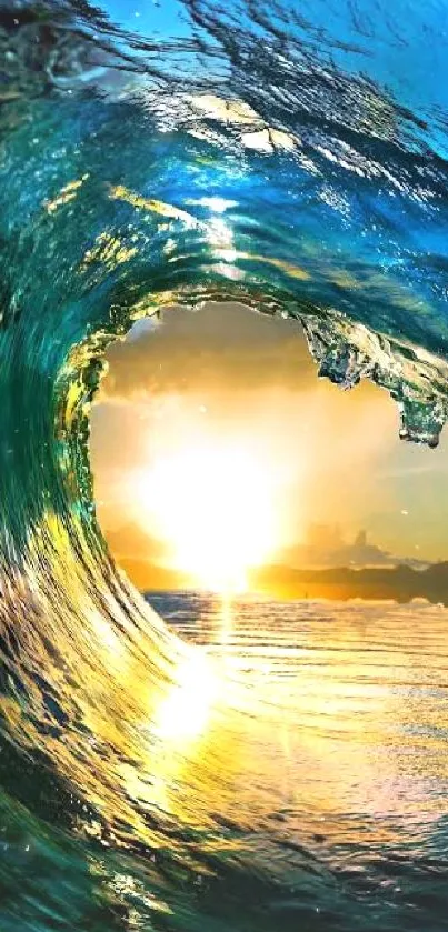 Vibrant ocean wave with glowing sunset creating a breathtaking nature scene.