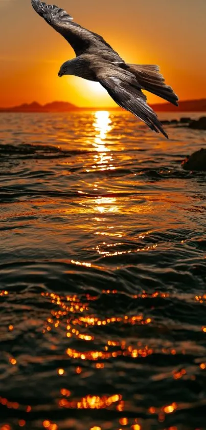 A seagull soars over ocean waves at sunset, capturing serene beauty.