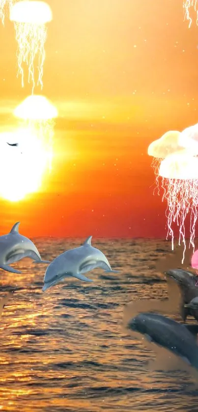 Orange sunset ocean with dolphins and neon jellyfish.