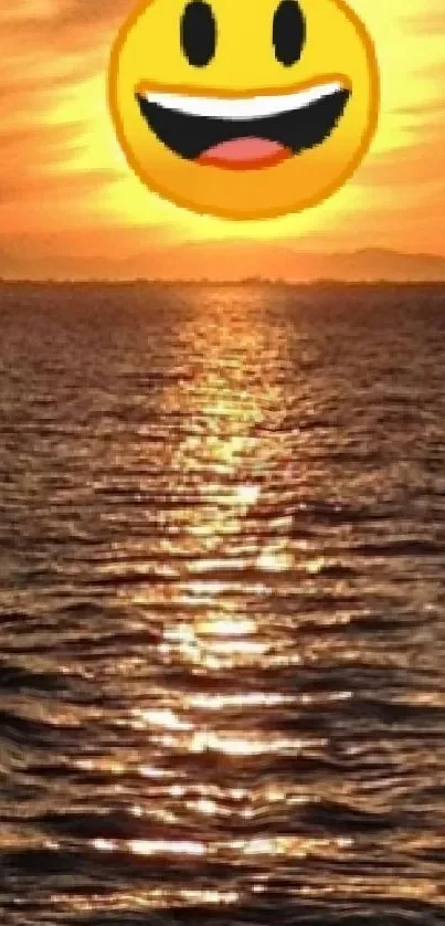 Beautiful sunset over the ocean with an emoji sun.