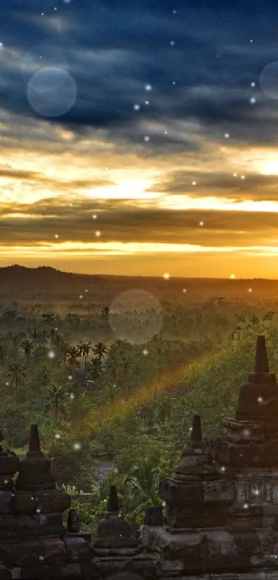 Golden sunset over Borobudur Temple with a scenic landscape view.