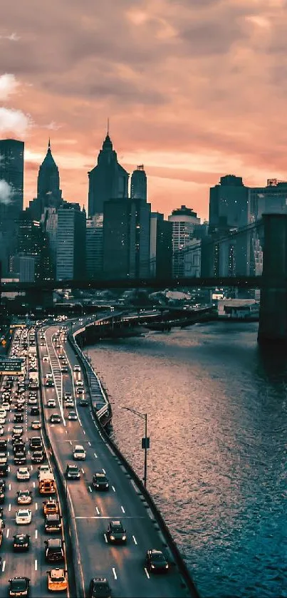 City skyline at sunset with river and bridge view.