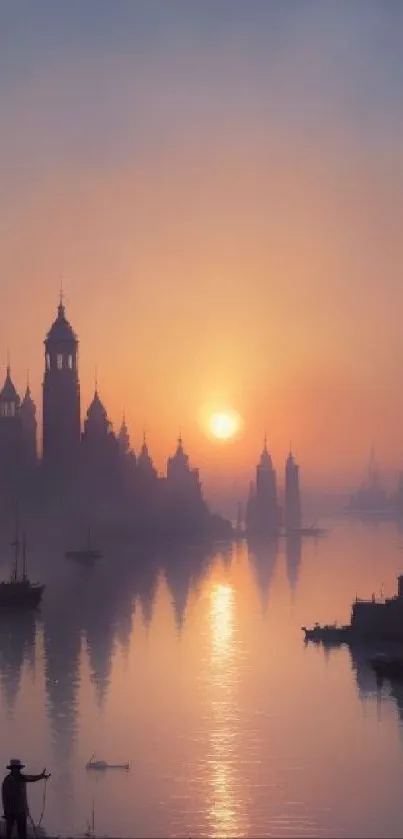 Sunset reflected on water with silhouetted cityscape.