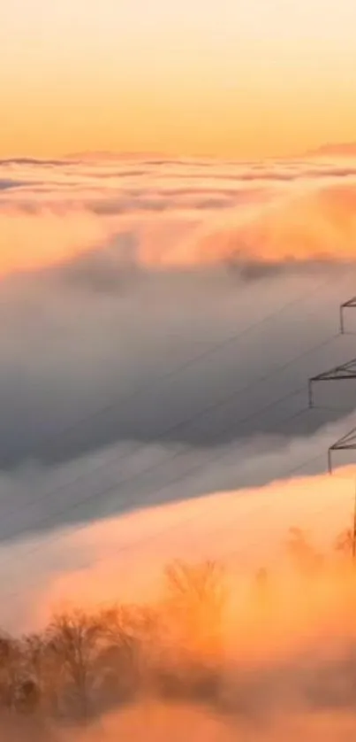 Orange sunset clouds with a silhouetted pylon structure in the foreground.