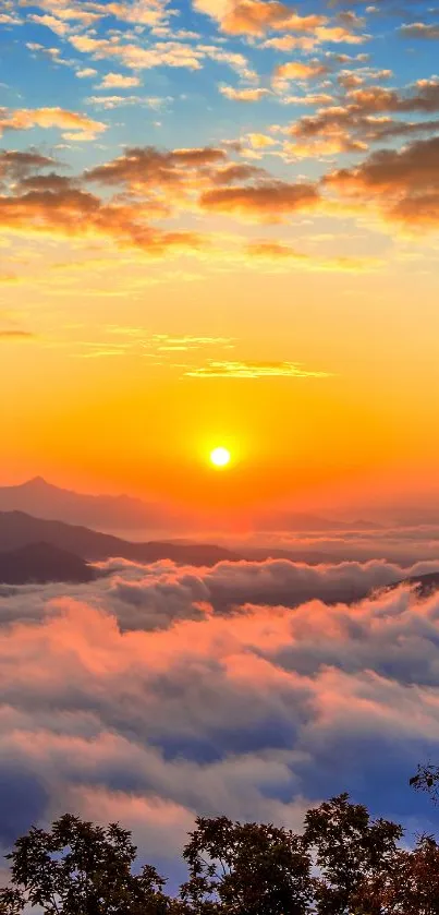 Stunning sunset over mountains and clouds, vibrant colors creating a serene view.