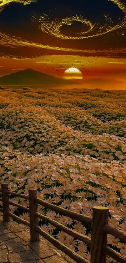 Beautiful sunset over a field of daisies with an orange sky and wooden fence.