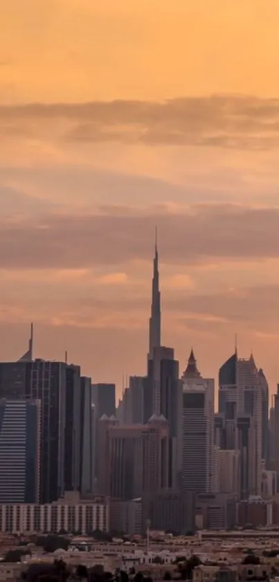 Beautiful sunset over the Dubai skyline with towering skyscrapers.