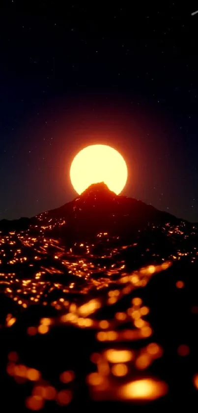 Glowing sunset over fiery mountains in stunning evening landscape.