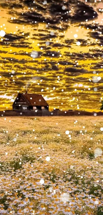 Sunset over a field with daisies and a rustic house.