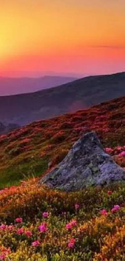 Breathtaking sunset over flower-filled hills with vibrant colors.