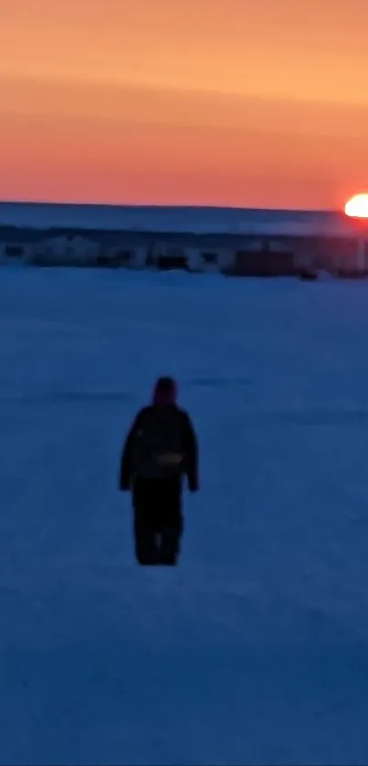 Silhouette on snowy field at sunset with colorful horizon.