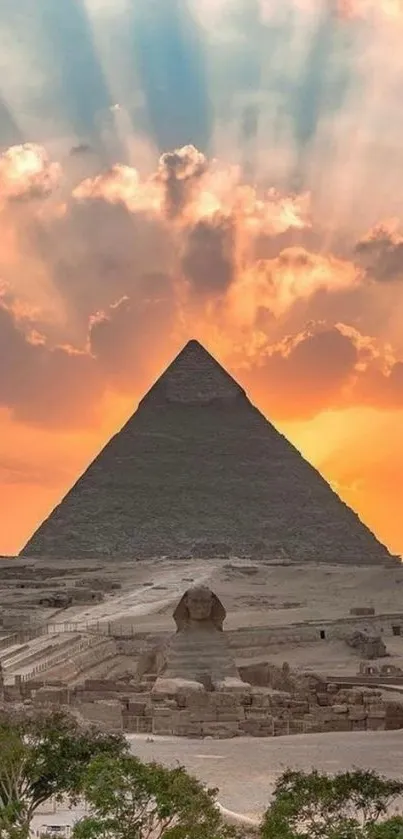 Great Pyramid with sunset rays in Egypt.