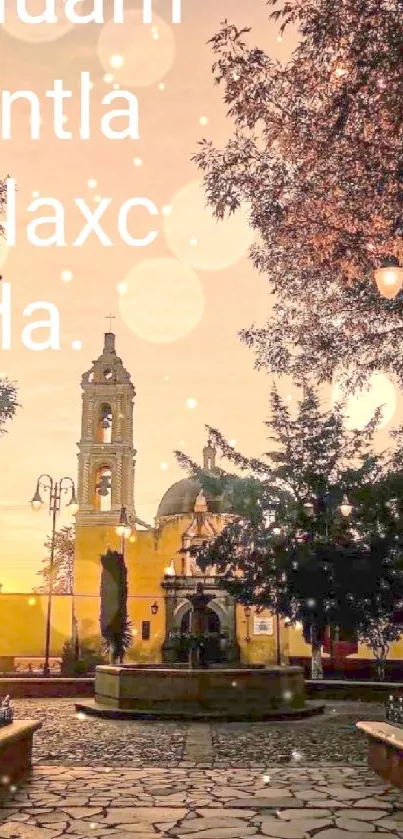 Sunset over a historic plaza in Huamantla, Tlaxcala with street lamps.