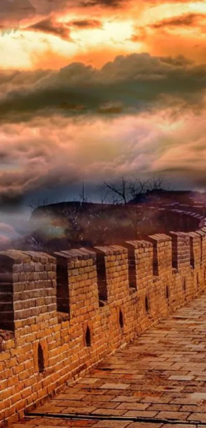 Sunset casting a warm glow over a historic brick wall with dramatic clouds.