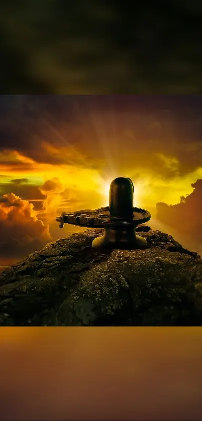 Lingam rock against a vibrant sunset sky with clouds and golden light.