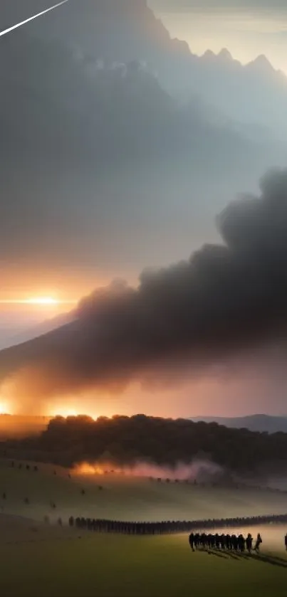 Scenic sunset view over misty mountains with smoky horizon.