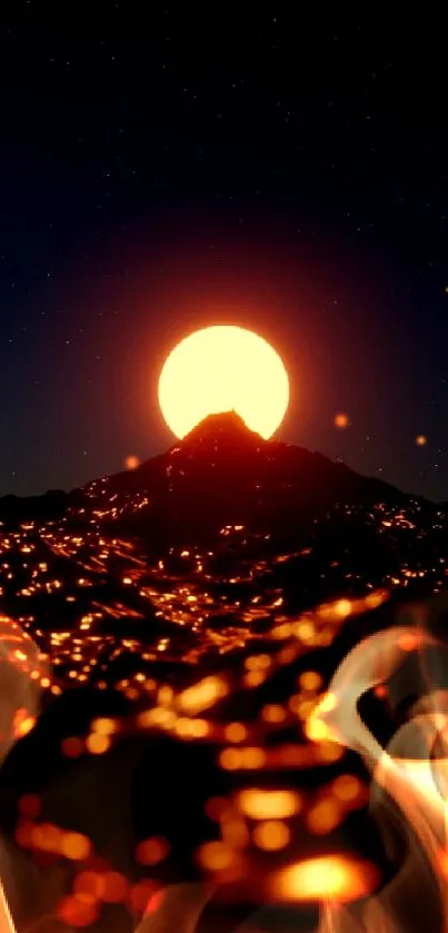 Digital art of sunset behind a glowing mountain.