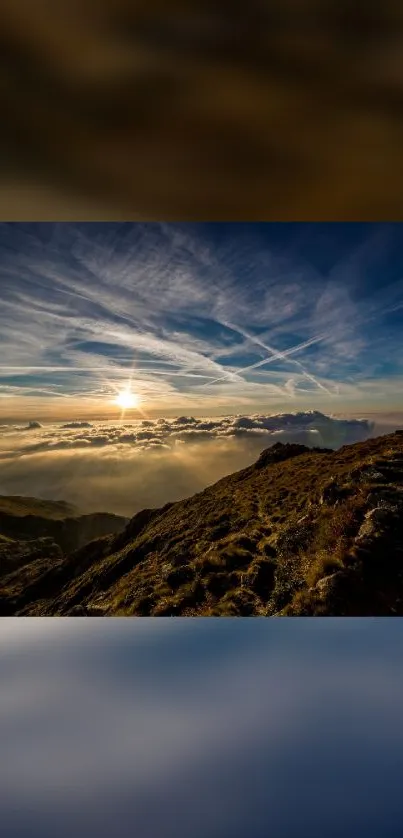 Scenic sunset over mountain landscape with vibrant clouds and sky.