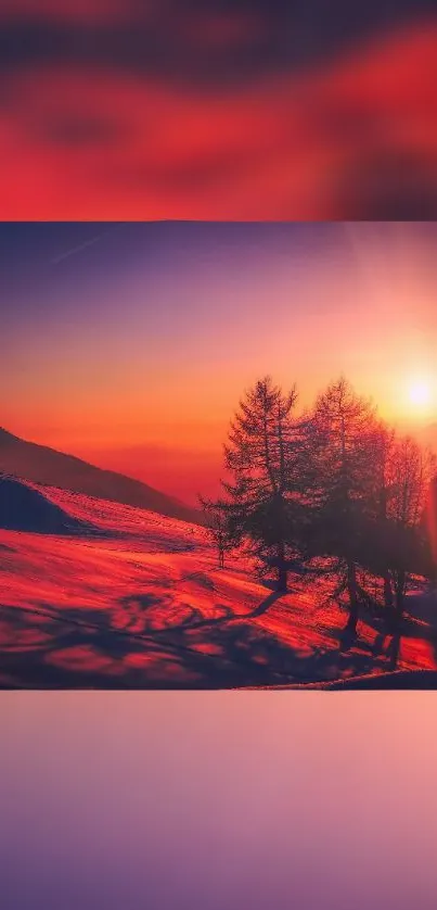 Stunning sunset over a mountain landscape with vibrant crimson sky.