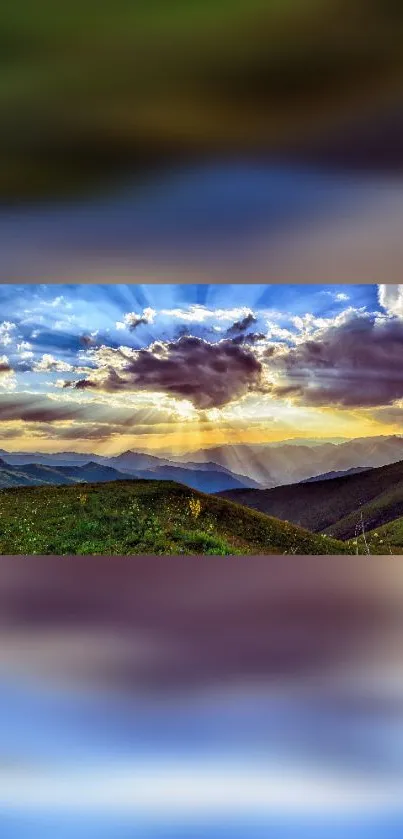 Sunset breaking through clouds over a mountain landscape with vibrant colors.