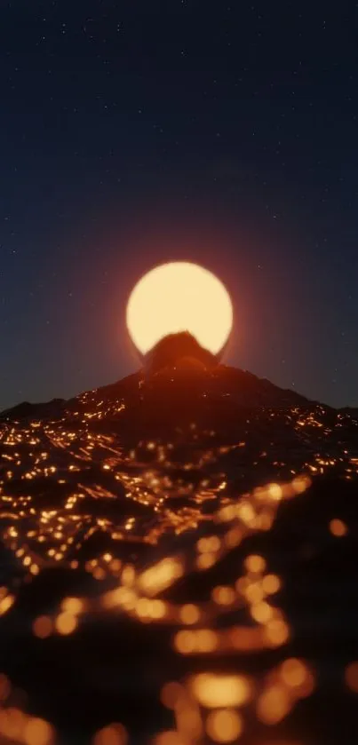 A glowing sunset over a dark mountain peak with a starry night sky.