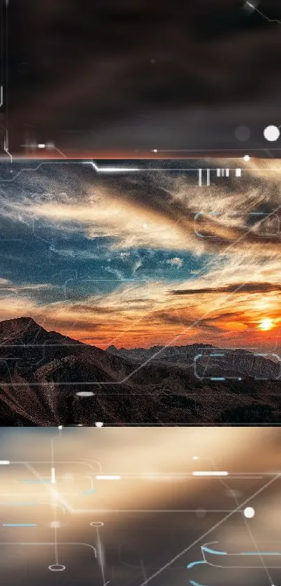 Vibrant sunset over rugged mountains with a digital overlay design.