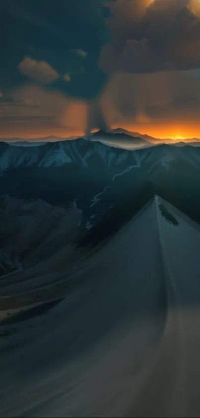 Stunning sunset over a mountain ridge with glowing sky.