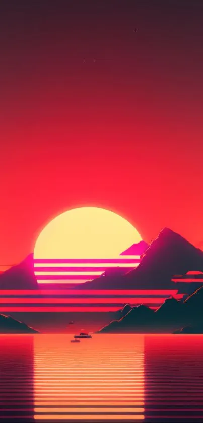 Vibrant digital sunset over mountains with vivid red hues.