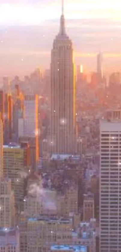 Beautiful sunset over New York City skyline with vivid colors.